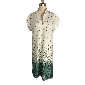 Vintage Cream Green Polka Dot Shift Dress Medium Knee Length Retro Short Sleeve